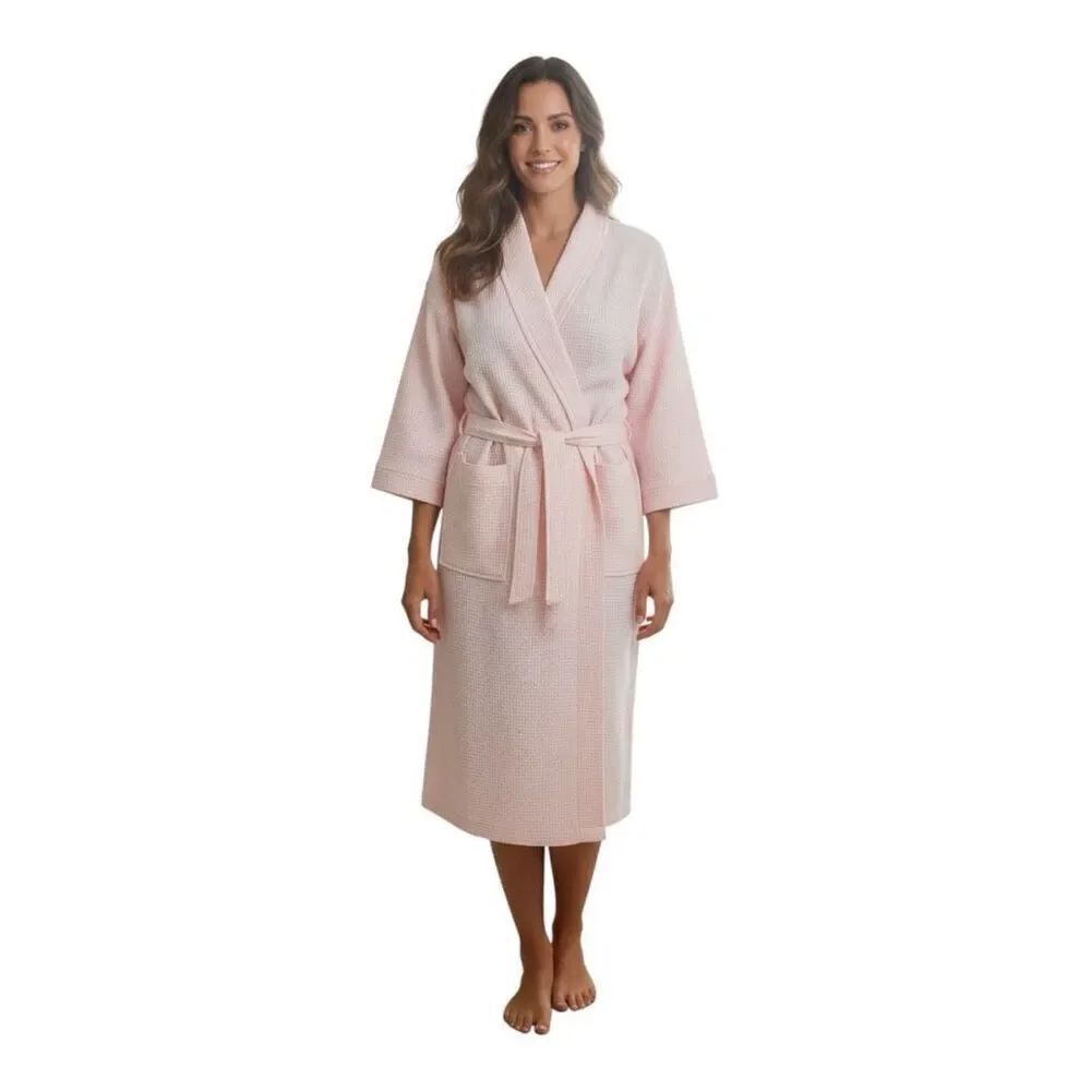 Aegean Apparel Women’s Pink Waffle Wave Cotton Kimono Wrap Robe One Size Pockets